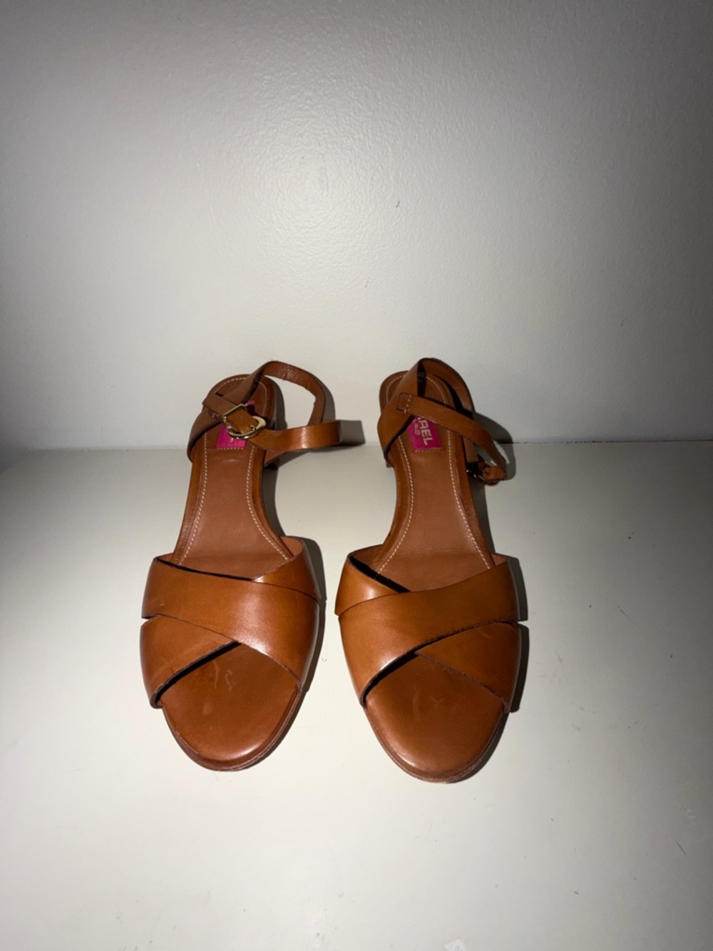 Carel Paris Women's Cognac Leather Crisscross Ankle-Strap Sandals Sz 39